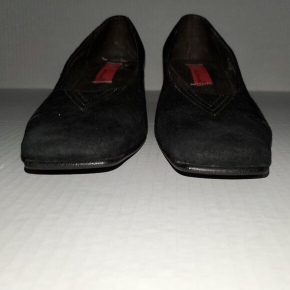 Black Suede Pump w/ Gold Trim, Block Heel, and Square Toe - Picture 7 of 12